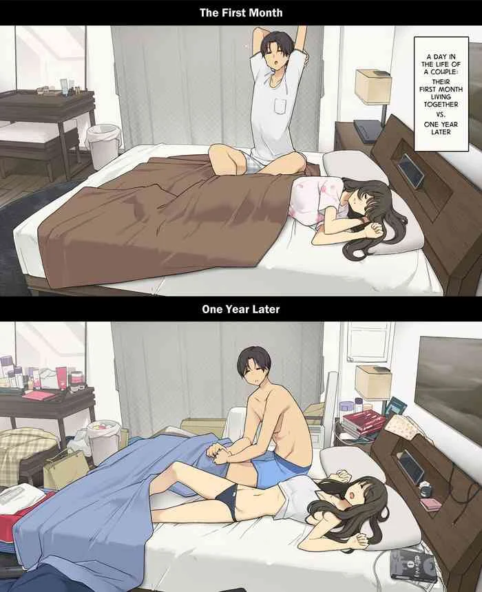 Read [Wakamatsu] Dousei Seikatsu Ikkagetsume to Ichinen Ato, Asaokite kara Shuushin made no Hikaku | A Day in the Life of a Couple: Their First Month Living Together vs. One Year Later [English] hentai doujinshi online free